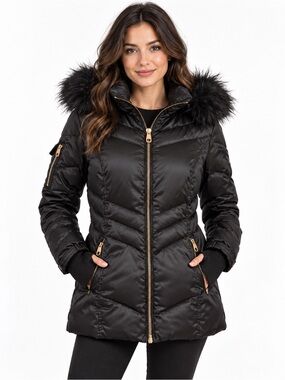 Steve Madden Black Down Quilted Faux Fur Hood Puffer Coat Sz M